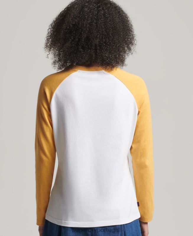 top de manga longa de beisebol vintage de algodão orgânico mulheres amarelo roupas Superdry 2208H6654