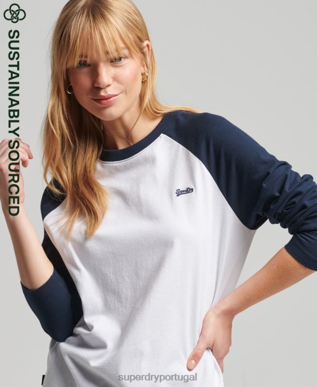 top de manga longa de beisebol vintage de algodão orgânico mulheres branco roupas Superdry 2208H6628