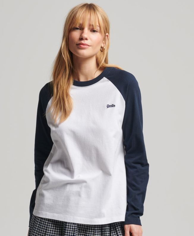 top de manga longa de beisebol vintage de algodão orgânico mulheres branco roupas Superdry 2208H6628