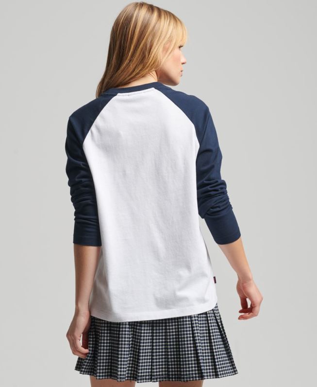 top de manga longa de beisebol vintage de algodão orgânico mulheres branco roupas Superdry 2208H6628