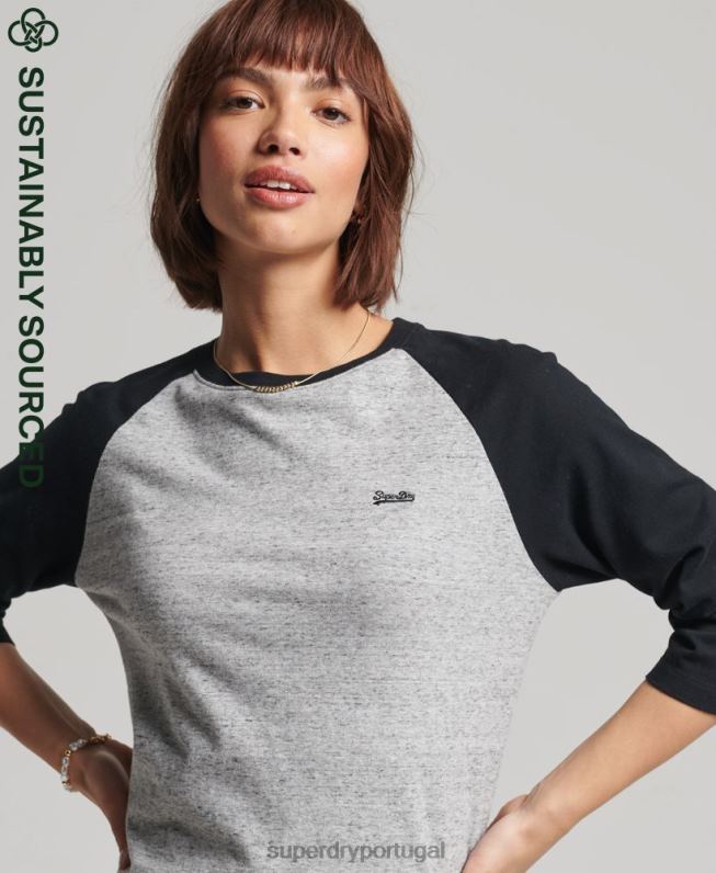 top de manga longa de beisebol vintage de algodão orgânico mulheres cinza escuro roupas Superdry 2208H6643