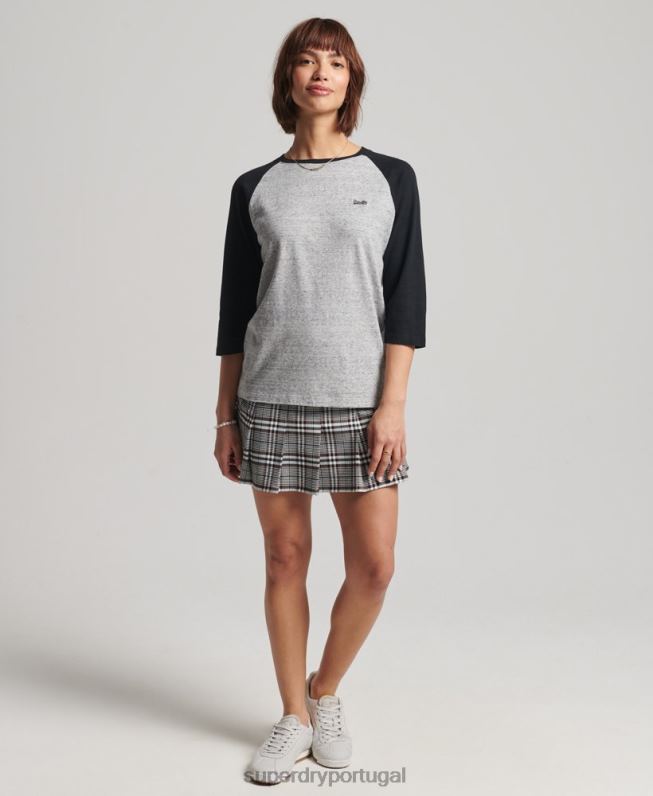 top de manga longa de beisebol vintage de algodão orgânico mulheres cinza escuro roupas Superdry 2208H6643