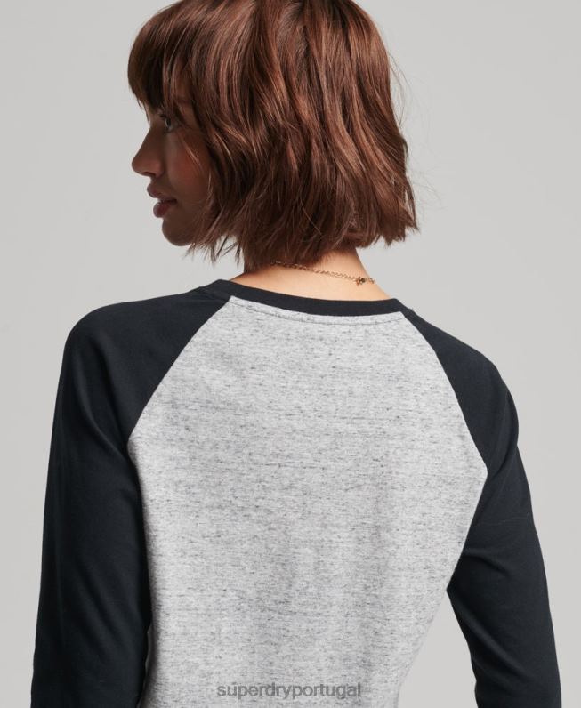 top de manga longa de beisebol vintage de algodão orgânico mulheres cinza escuro roupas Superdry 2208H6643