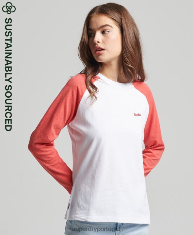 top de manga longa de beisebol vintage de algodão orgânico mulheres coral roupas Superdry 2208H6658