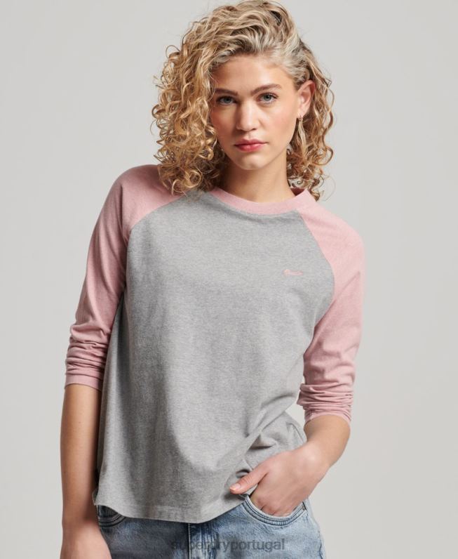 top de manga longa de beisebol vintage de algodão orgânico mulheres rosa roupas Superdry 2208H2926