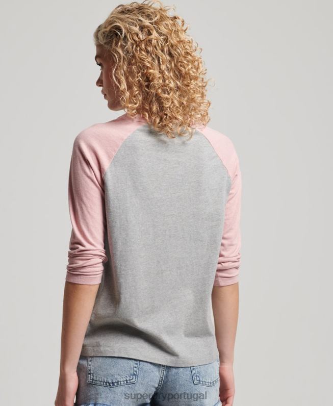 top de manga longa de beisebol vintage de algodão orgânico mulheres rosa roupas Superdry 2208H2926