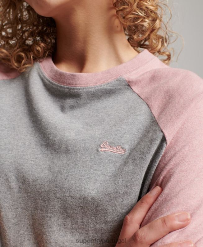 top de manga longa de beisebol vintage de algodão orgânico mulheres rosa roupas Superdry 2208H2926