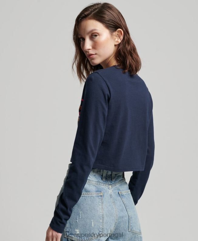 top de manga longa vintage listrado de algodão orgânico mulheres marinha roupas Superdry 2208H2970