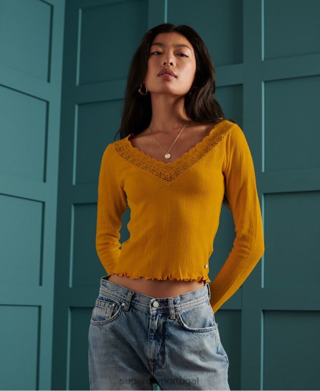 top de renda pointelle manga longa mulheres amarelo roupas Superdry 2208H3034