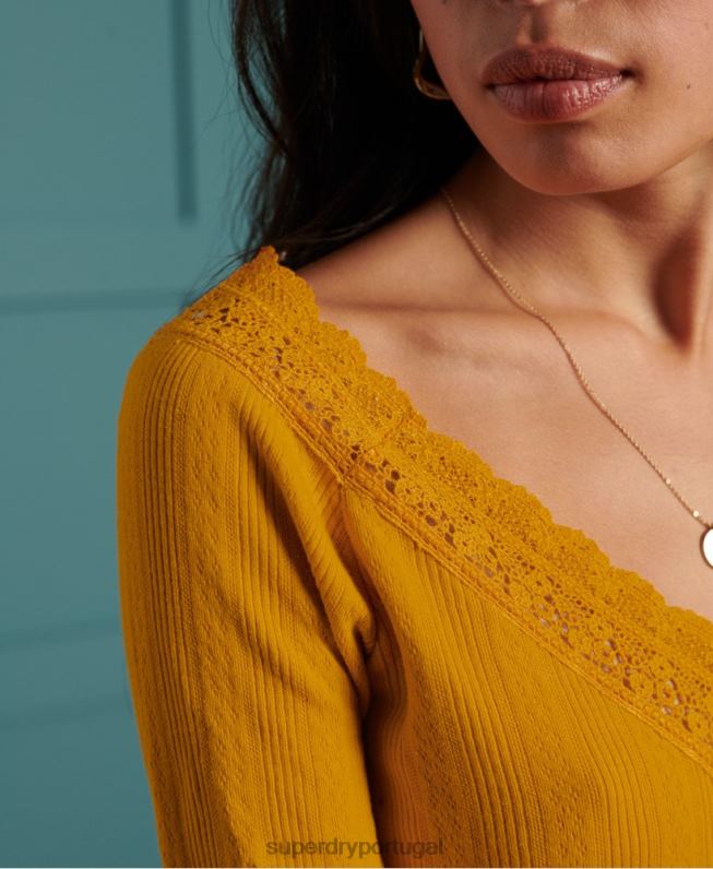 top de renda pointelle manga longa mulheres amarelo roupas Superdry 2208H3034