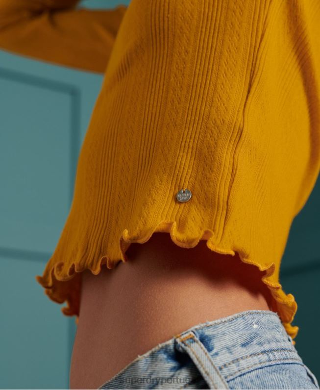 top de renda pointelle manga longa mulheres amarelo roupas Superdry 2208H3034