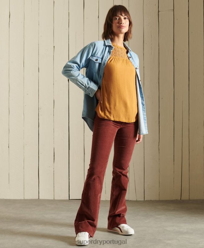 top de renda tecido manga longa mulheres amarelo roupas Superdry 2208H3057