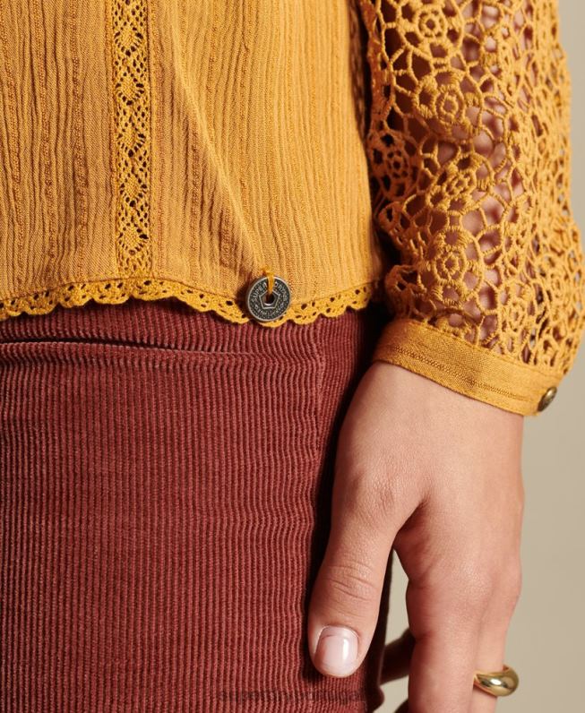 top de renda tecido manga longa mulheres amarelo roupas Superdry 2208H3057