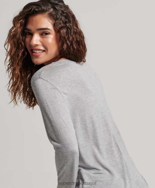top manga longa com decote v mulheres cinza roupas Superdry 2208H6736