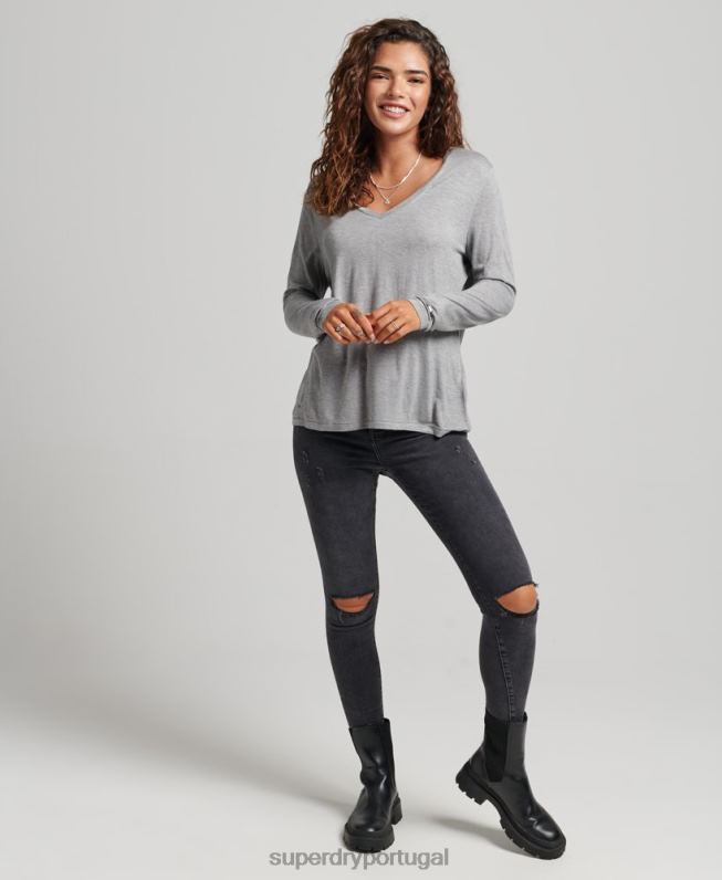 top manga longa com decote v mulheres cinza roupas Superdry 2208H6736