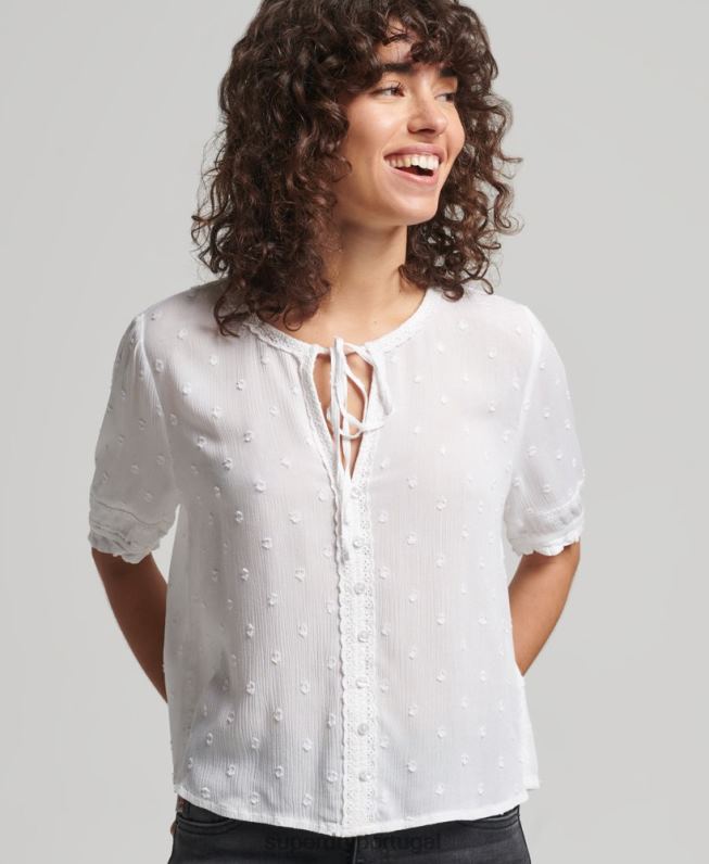 top vintage de manga curta com bordados mulheres branco roupas Superdry 2208H6695