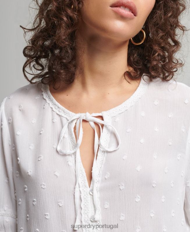 top vintage de manga curta com bordados mulheres branco roupas Superdry 2208H6695