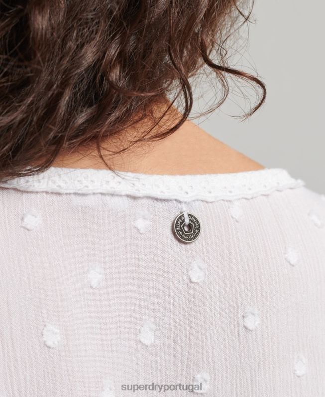 top vintage de manga curta com bordados mulheres branco roupas Superdry 2208H6695