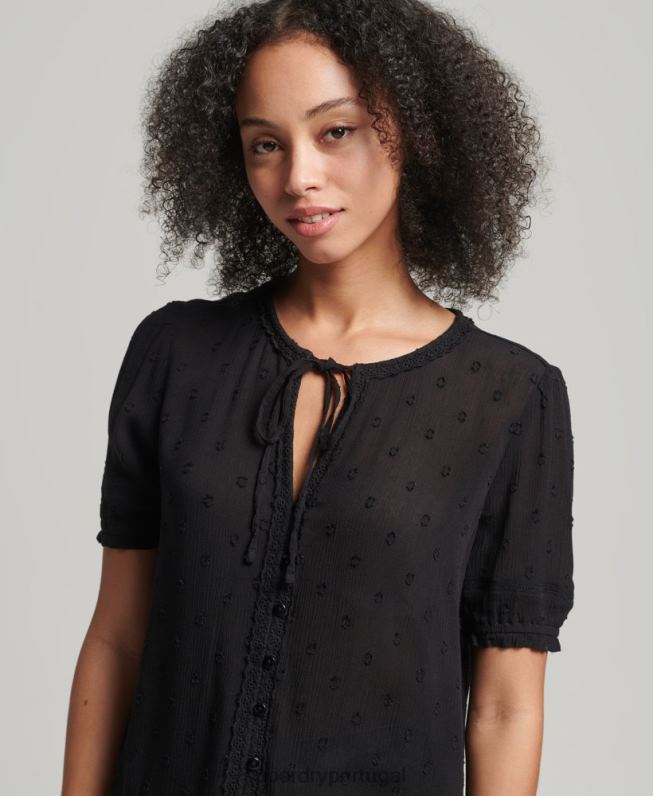 top vintage de manga curta com bordados mulheres preto roupas Superdry 2208H6696