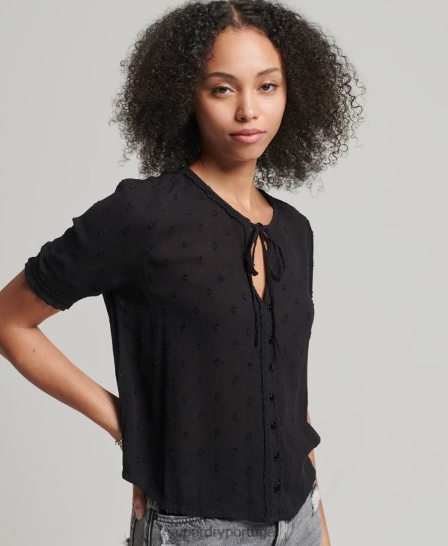 top vintage de manga curta com bordados mulheres preto roupas Superdry 2208H6696