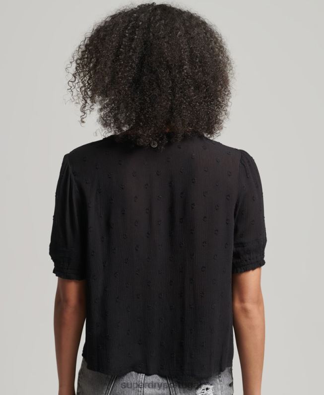 top vintage de manga curta com bordados mulheres preto roupas Superdry 2208H6696