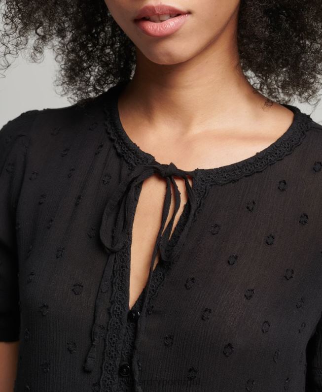 top vintage de manga curta com bordados mulheres preto roupas Superdry 2208H6696