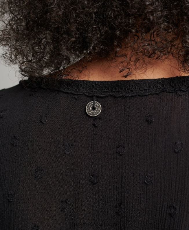 top vintage de manga curta com bordados mulheres preto roupas Superdry 2208H6696