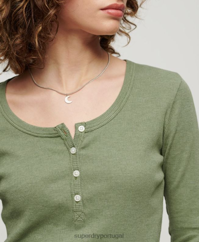 top vintage manga longa com botões mulheres caqui roupas Superdry 2208H2138