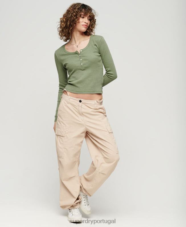 top vintage manga longa com botões mulheres caqui roupas Superdry 2208H2138