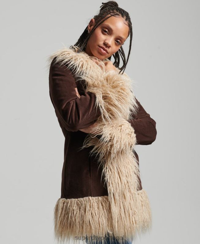 casaco afegão forrado de pele falsa mulheres marrom roupas Superdry 2208H3643