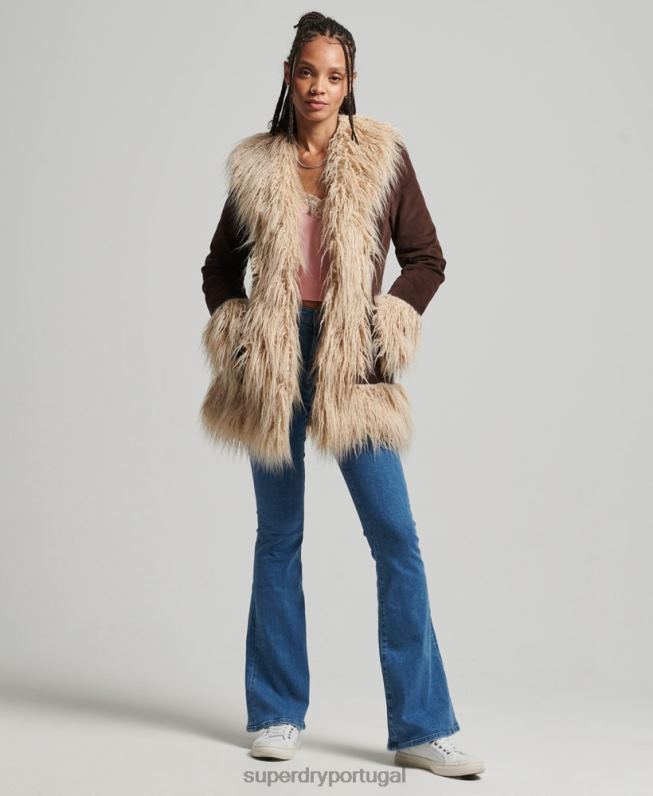 casaco afegão forrado de pele falsa mulheres marrom roupas Superdry 2208H3643