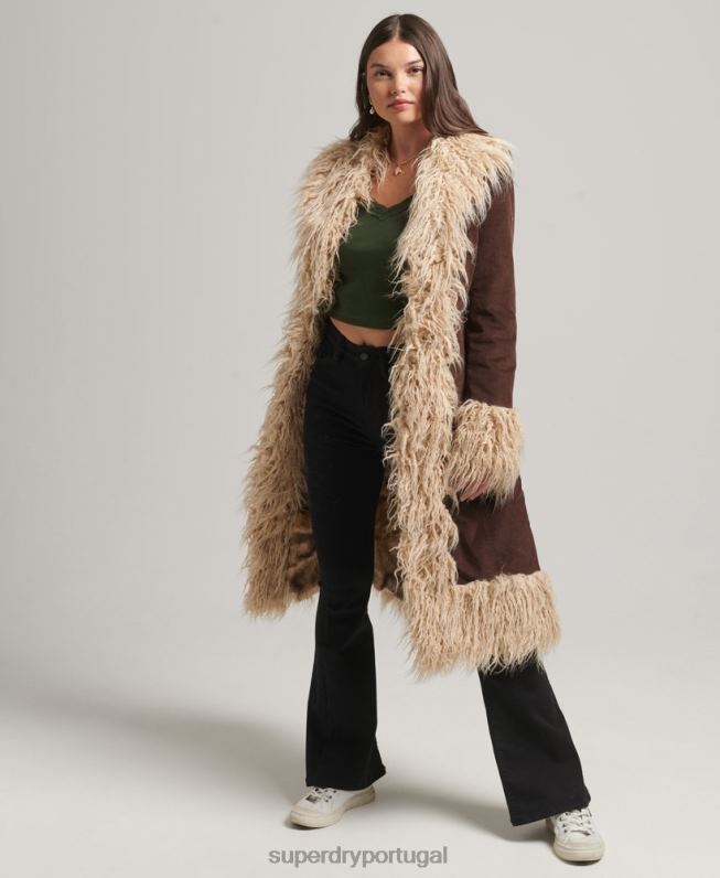 casaco afegão forrado de pele sintética mulheres marrom roupas Superdry 2208H3813