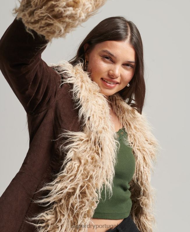 casaco afegão forrado de pele sintética mulheres marrom roupas Superdry 2208H3813