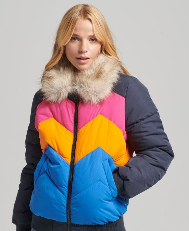 casaco curto puffer com painel retrô mulheres marinha roupas Superdry 2208H5429