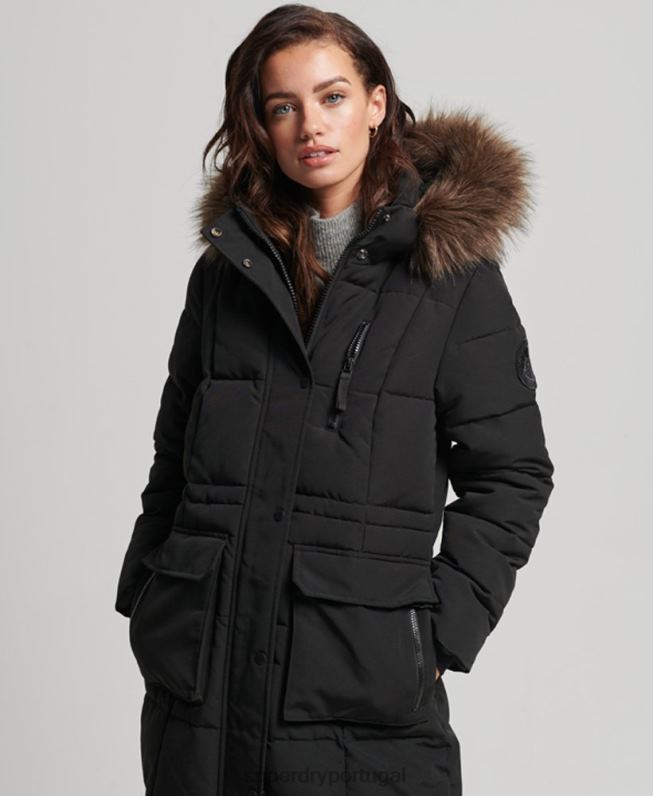 casaco everest de pele sintética longline mulheres preto roupas Superdry 2208H3623