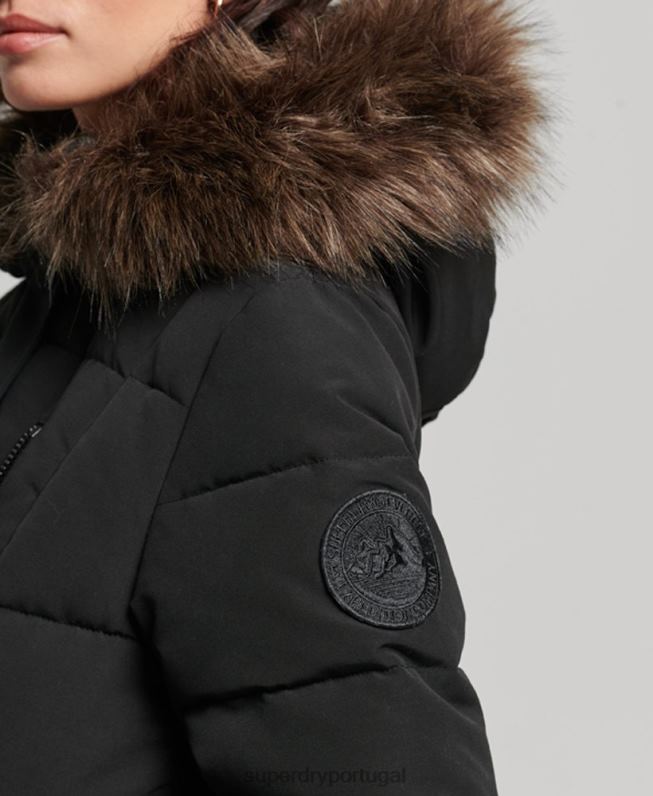 casaco everest de pele sintética longline mulheres preto roupas Superdry 2208H3623