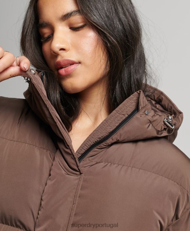 casaco maxi puffer com capuz mulheres marrom roupas Superdry 2208H3579
