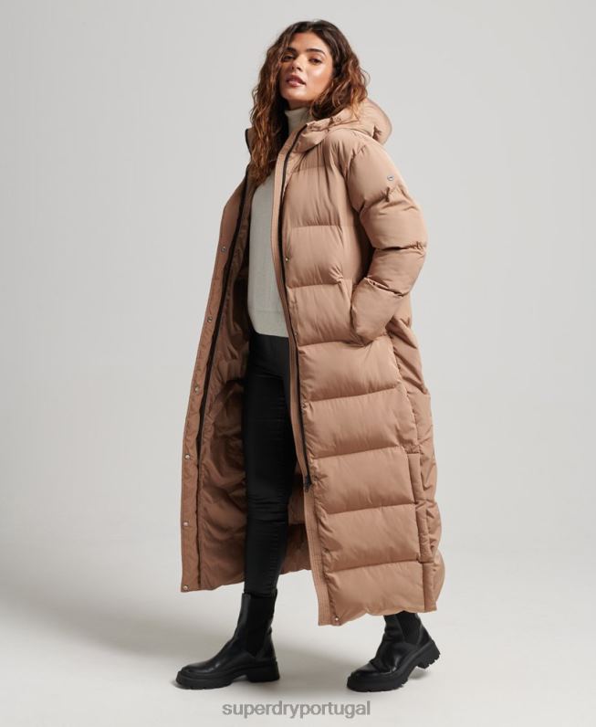 casaco maxi puffer com capuz mulheres marrom roupas Superdry 2208H3650