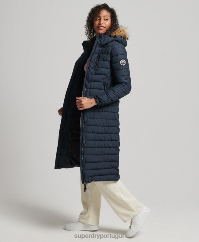 casaco puffer acolchoado leve com capuz de palangre de pele sintética mulheres marinha roupas Superdry 2208H3622