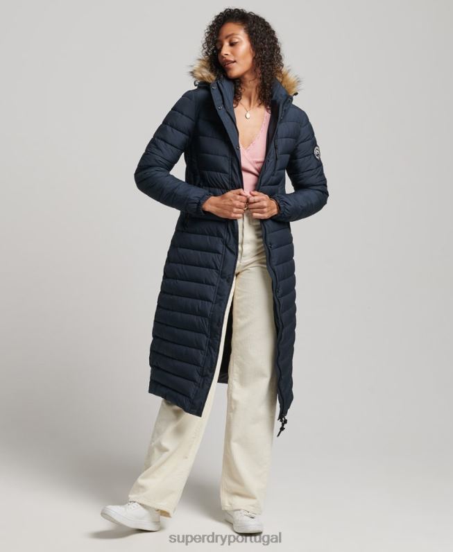 casaco puffer acolchoado leve com capuz de palangre de pele sintética mulheres marinha roupas Superdry 2208H3622
