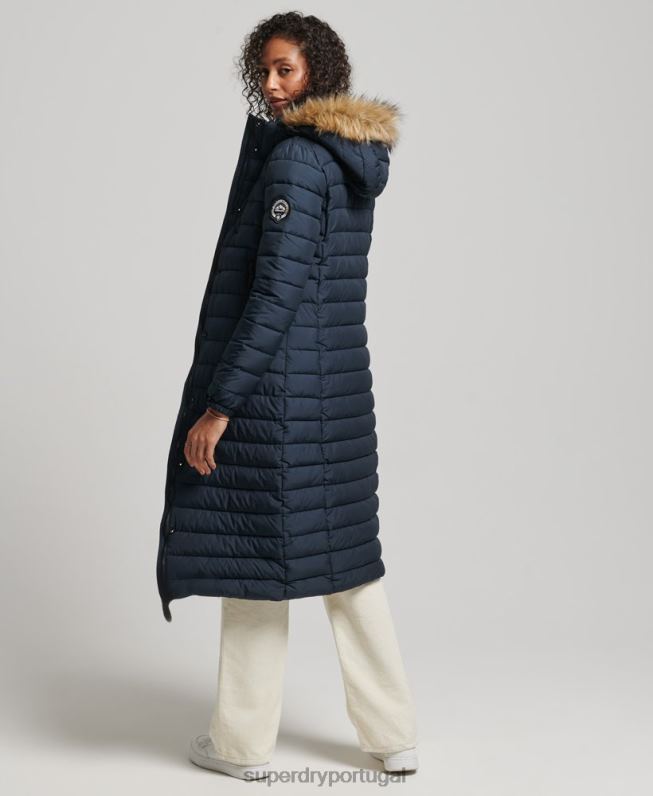casaco puffer acolchoado leve com capuz de palangre de pele sintética mulheres marinha roupas Superdry 2208H3622