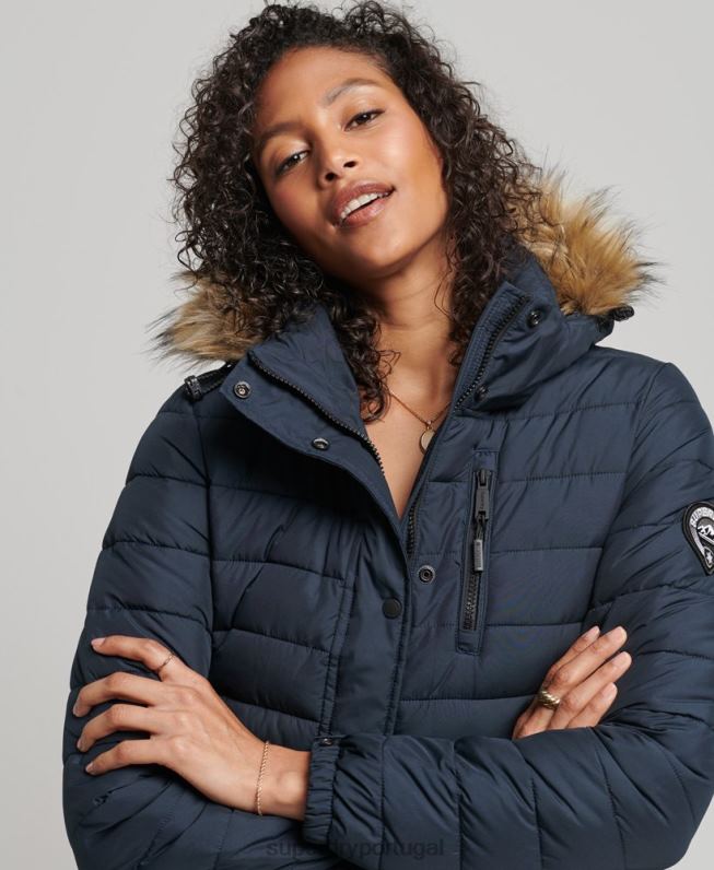casaco puffer acolchoado leve com capuz de palangre de pele sintética mulheres marinha roupas Superdry 2208H3622