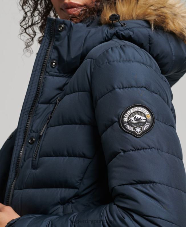 casaco puffer acolchoado leve com capuz de palangre de pele sintética mulheres marinha roupas Superdry 2208H3622