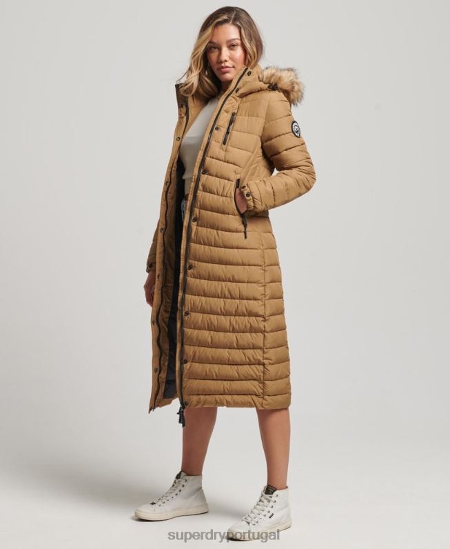 casaco puffer acolchoado leve com capuz de palangre de pele sintética mulheres marrom roupas Superdry 2208H3701
