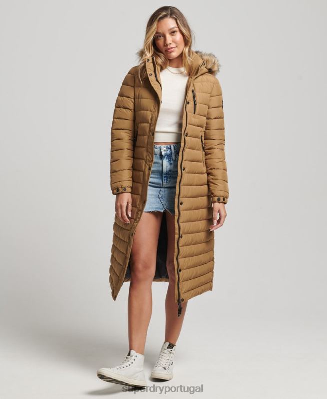 casaco puffer acolchoado leve com capuz de palangre de pele sintética mulheres marrom roupas Superdry 2208H3701