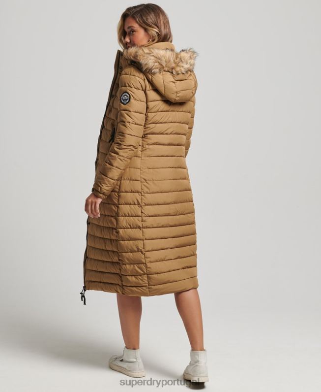 casaco puffer acolchoado leve com capuz de palangre de pele sintética mulheres marrom roupas Superdry 2208H3701