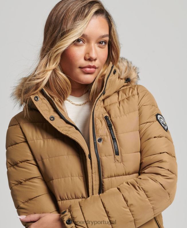 casaco puffer acolchoado leve com capuz de palangre de pele sintética mulheres marrom roupas Superdry 2208H3701
