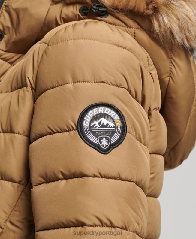casaco puffer acolchoado leve com capuz de palangre de pele sintética mulheres marrom roupas Superdry 2208H3701