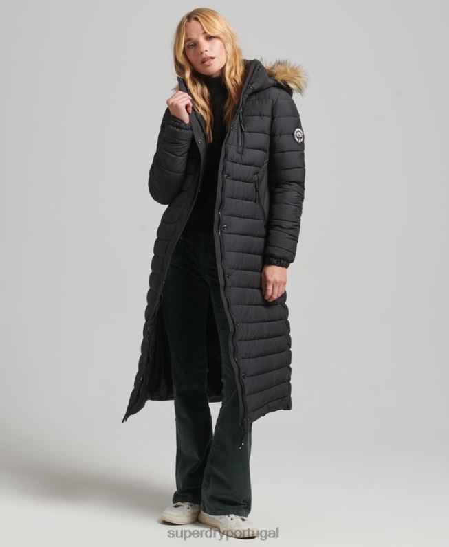 casaco puffer acolchoado leve com capuz de palangre de pele sintética mulheres preto roupas Superdry 2208H3716