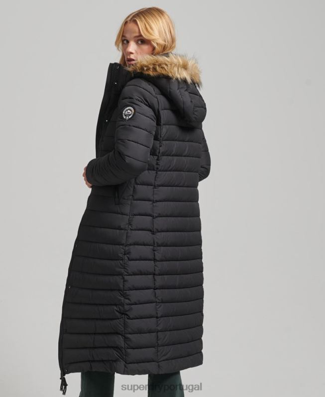 casaco puffer acolchoado leve com capuz de palangre de pele sintética mulheres preto roupas Superdry 2208H3716